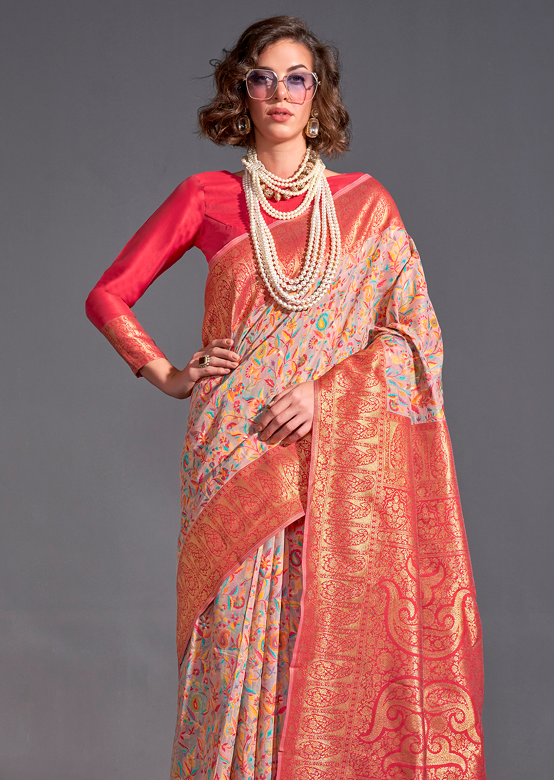 Peach Resham Woven Kashmiri Jamewar Silk Saree