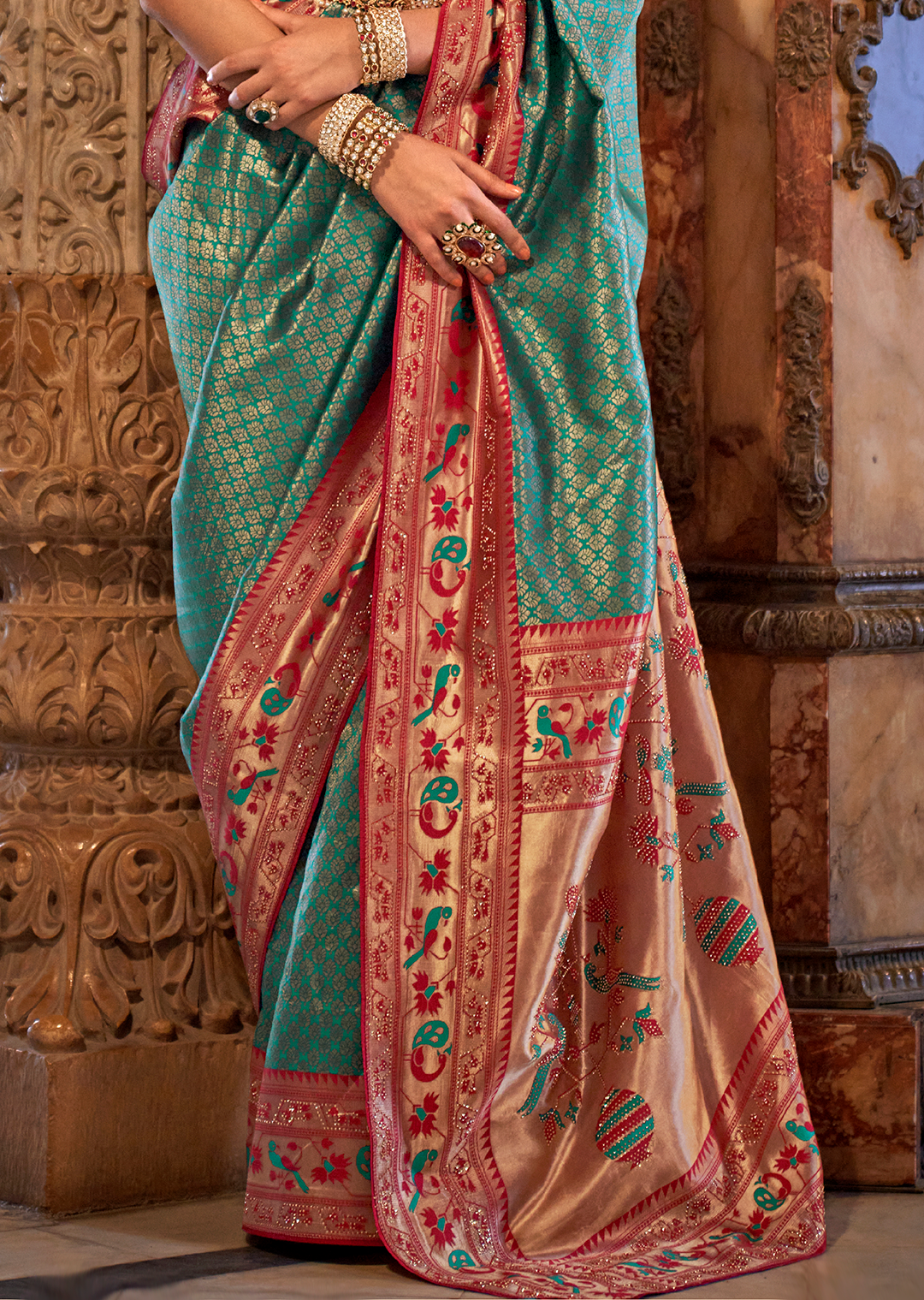 Teal Green & Red Zari Woven Kanjivaram Paithani Silk Saree