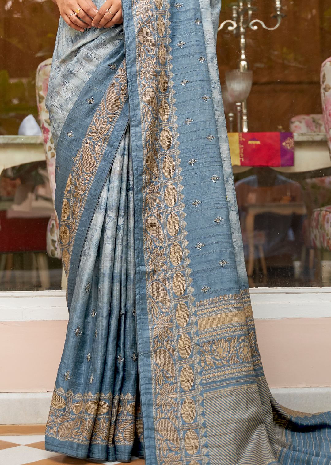 Powder Blue Woven Pure Handloom Khaddi Jute Silk Saree