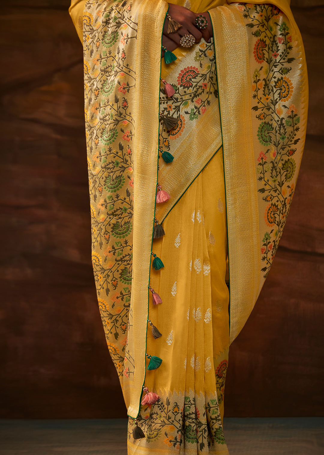 Corn Yellow Zari & Resham Woven Designer Banarasi Silk Saree