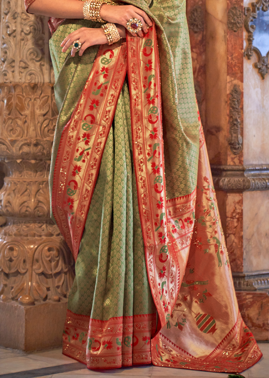 Olive Green & Red Zari Woven Kanjivaram Paithani Silk Saree