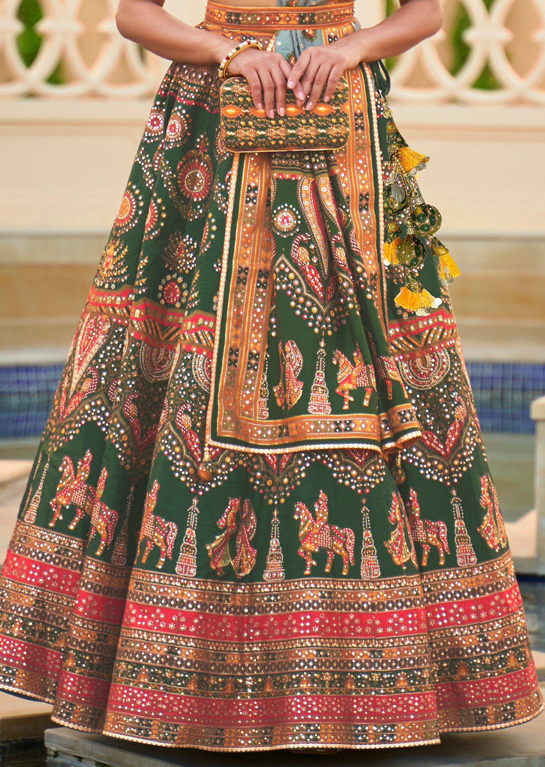 Bottle Green Woven Traditional Rajwadi Patola Silk Lehenga