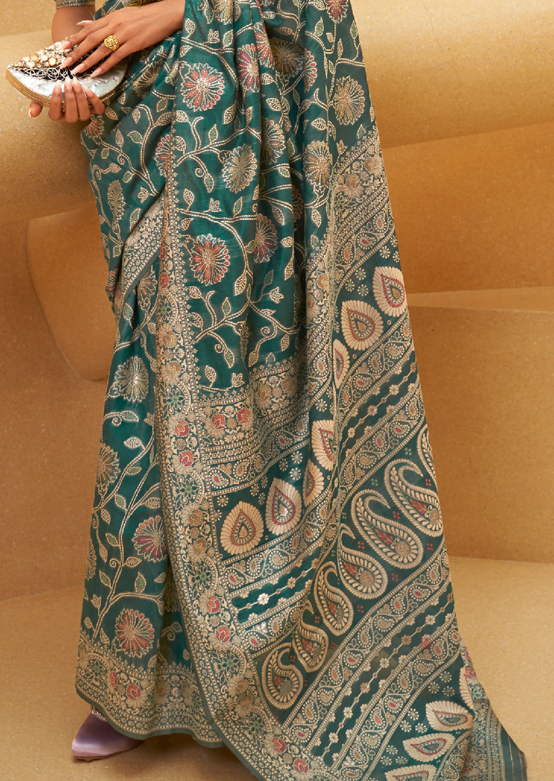 TEAL GREEN WOVEN CHIKANKARI LUCKNOWI COTTON SAREE