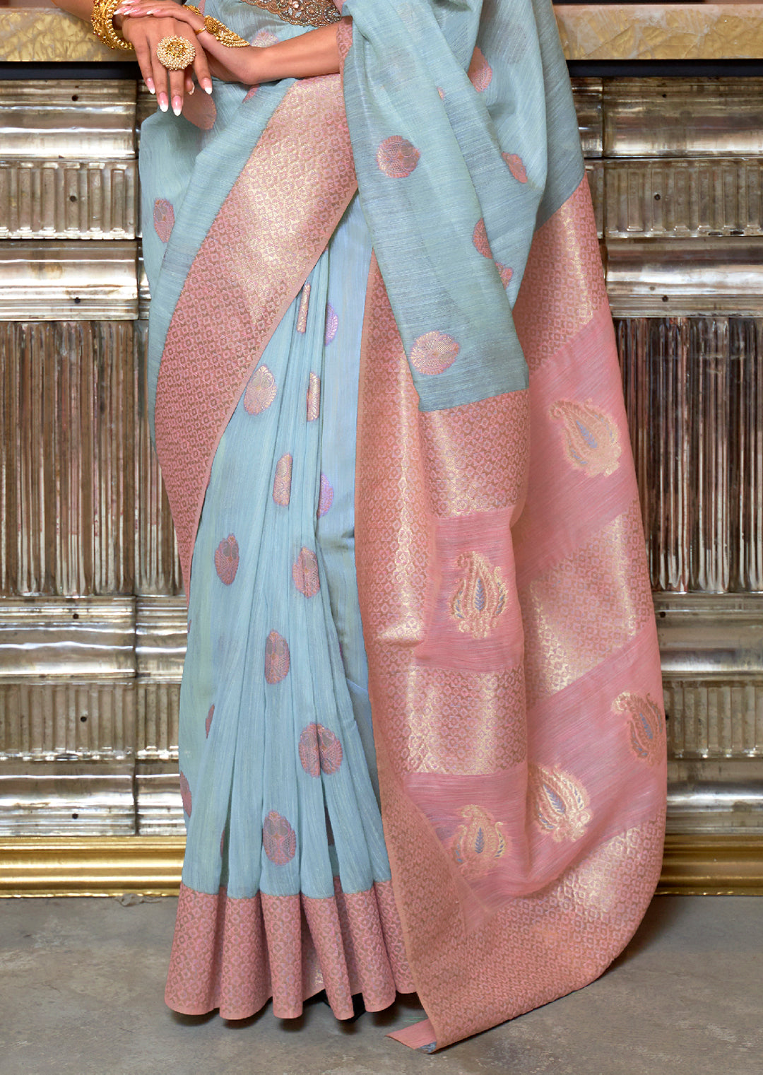 Sky Blue Woven Pure Handloom Linen Saree