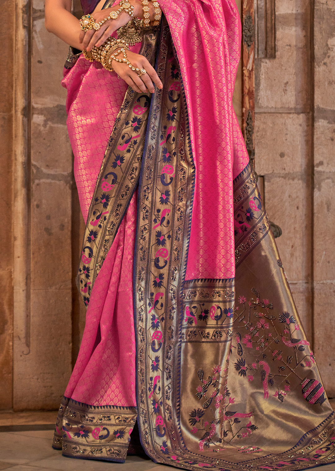 Deep Pink Zari Woven Kanjivaram Paithani Silk Saree