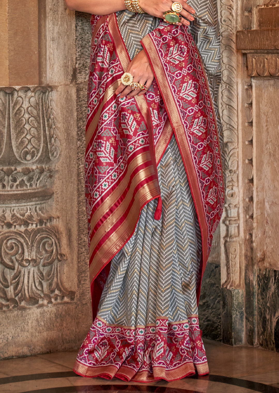 Grey Woven Royal Traditional Patola Silk Saree