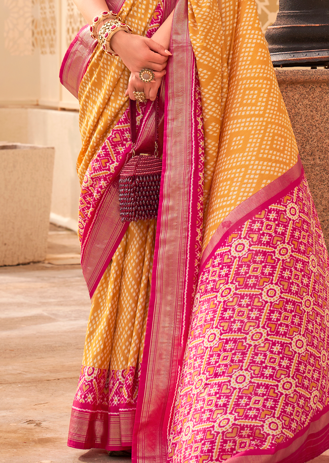 Mustard Yellow & Red	Woven Patola Silk Saree