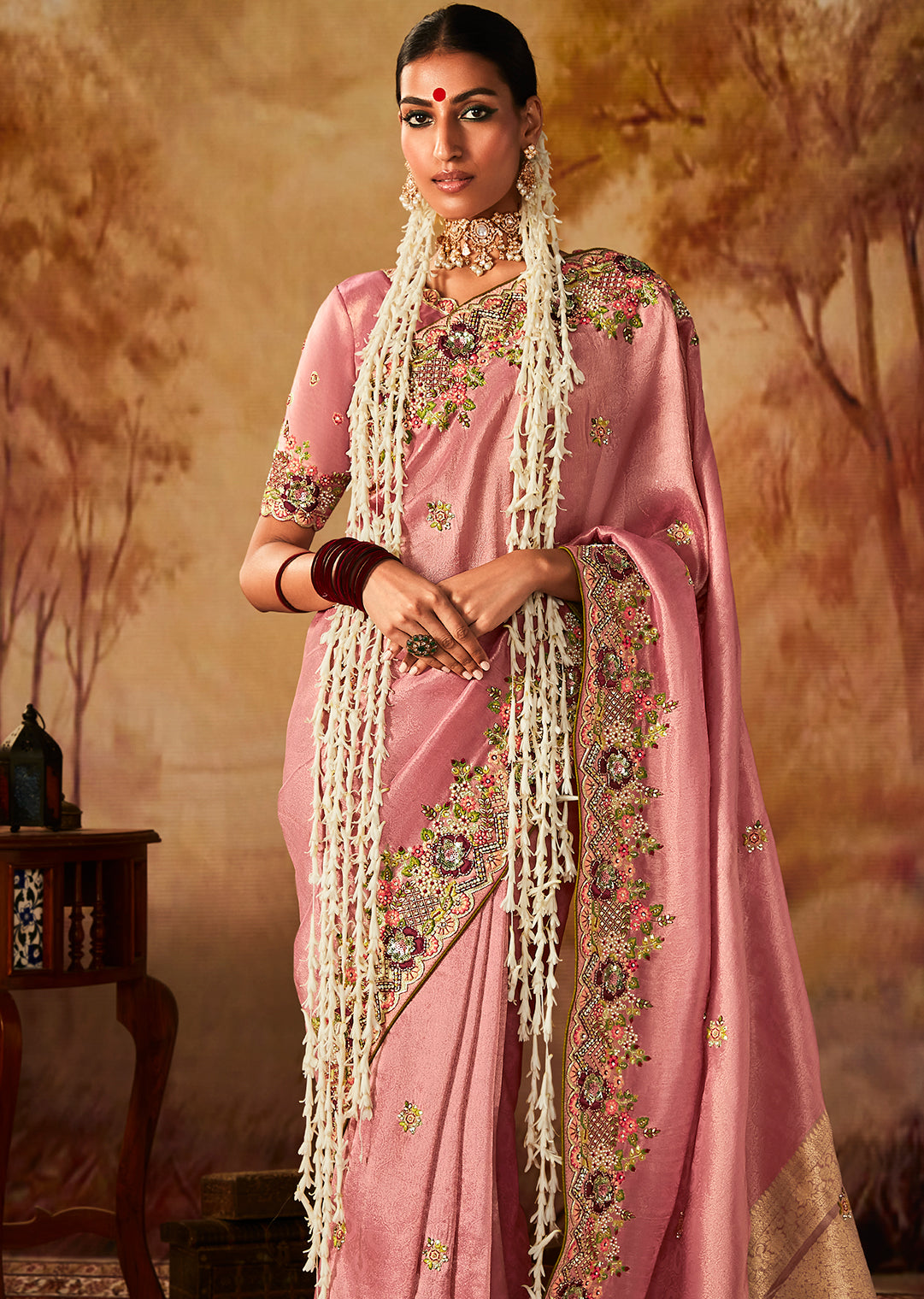 Crepe Pink Zari Woven Heavy Embroidered Designer Kanjivaram Silk Saree