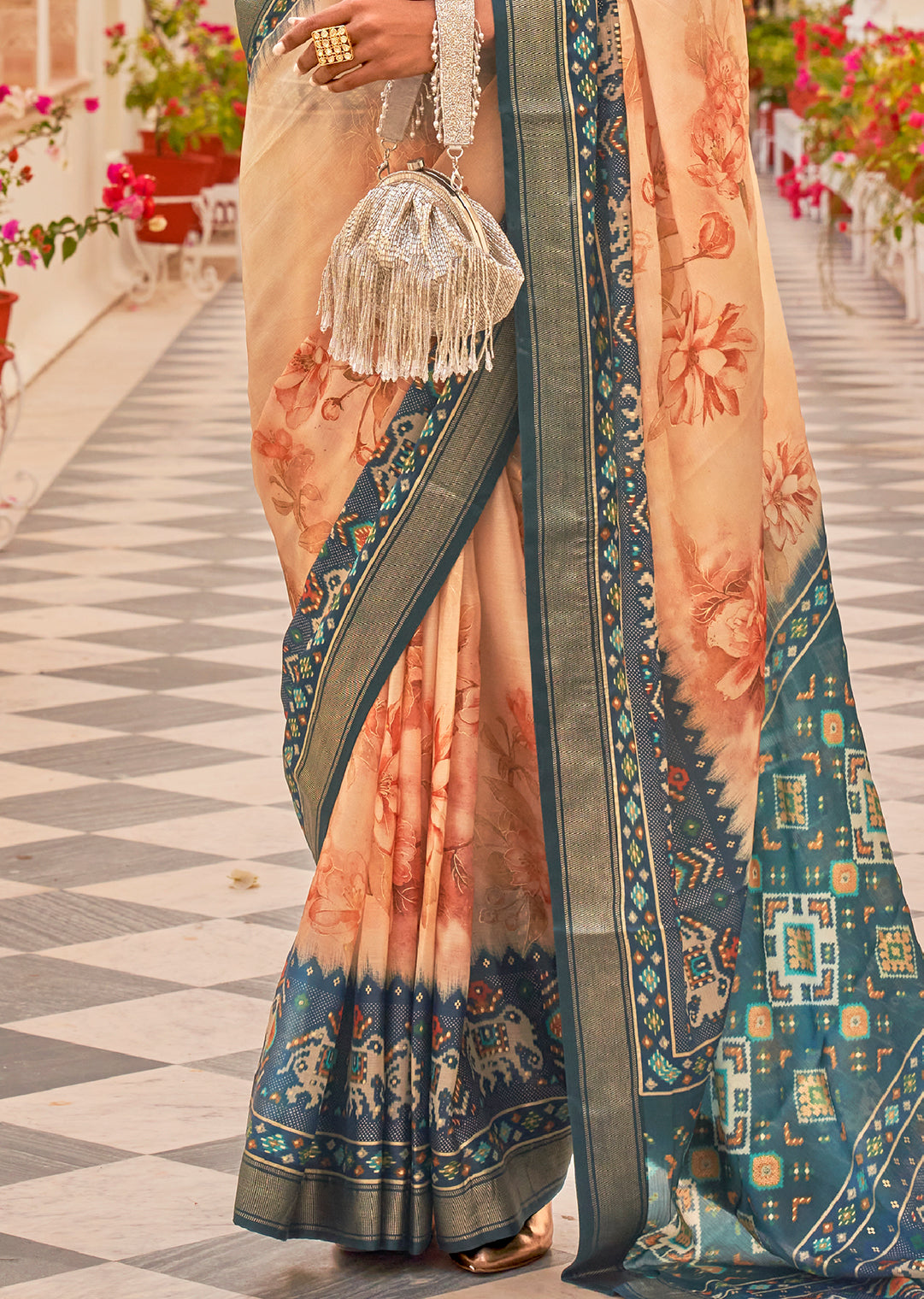 Peach & Teal Green Woven Chiffon Patola Saree