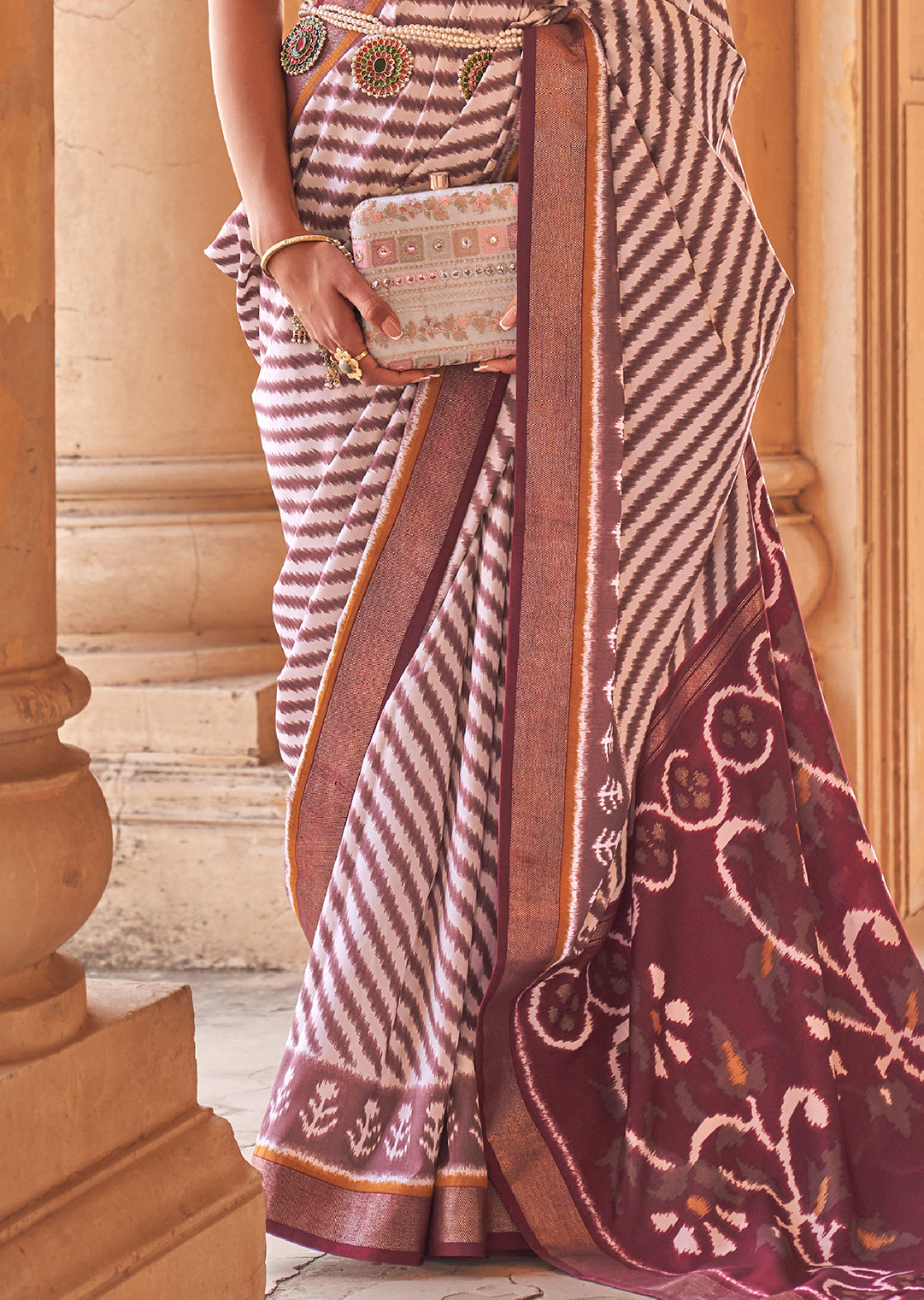 White & Brown Woven Patola Silk Saree