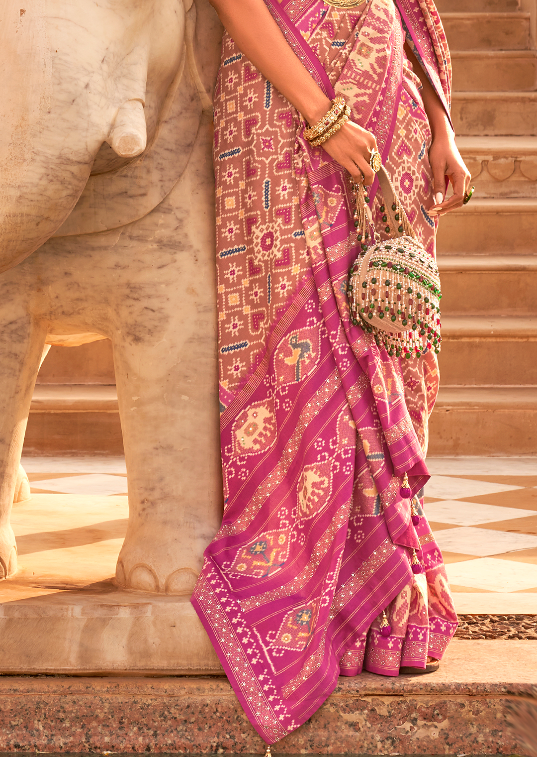 Crepe Pink Woven Royal Traditional Patola Silk Saree