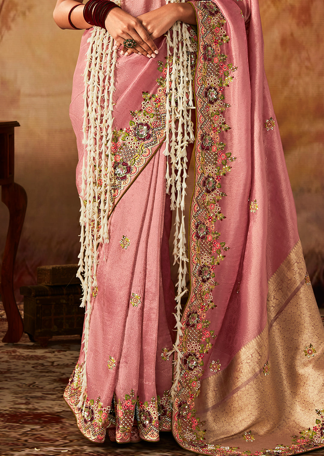 Crepe Pink Zari Woven Heavy Embroidered Designer Kanjivaram Silk Saree