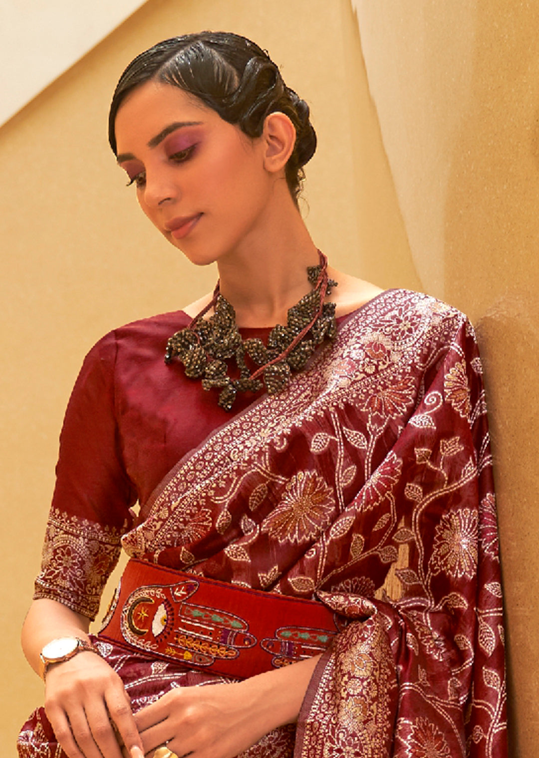 MAROON RED WOVEN CHIKANKARI LUCKNOWI COTTON SAREE