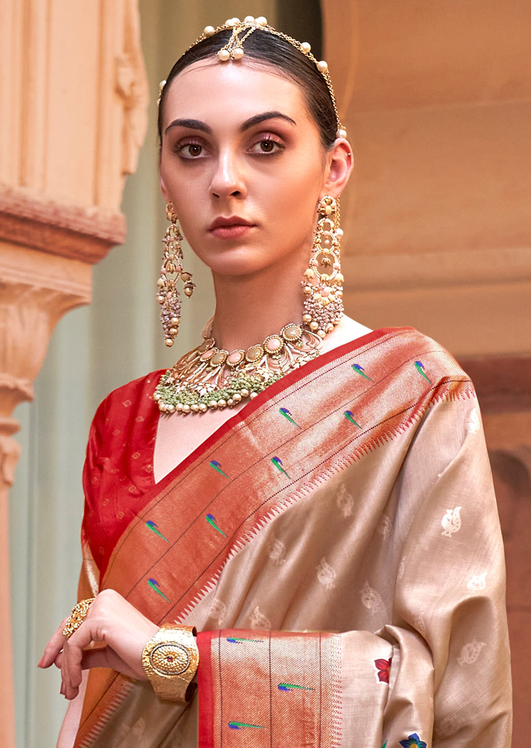 Beige & Red Woven Paithani Silk Saree