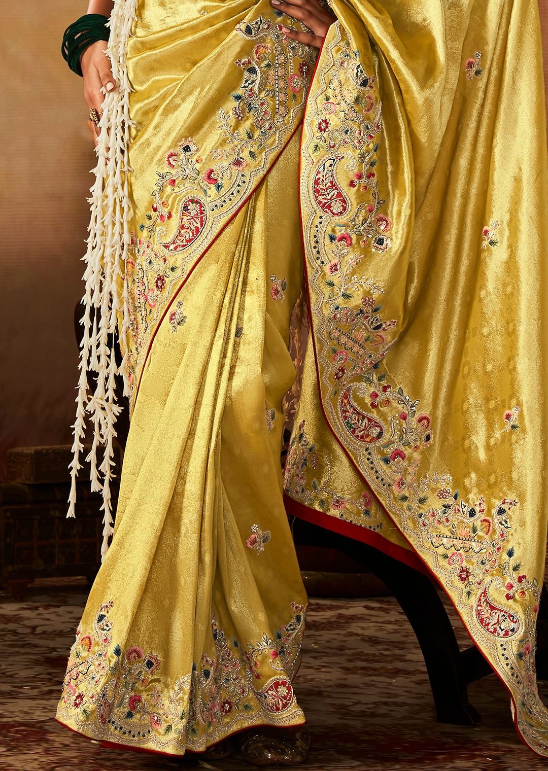 Canary Yellow Zari Woven Heavy Embroidered Designer Kanjivaram Silk Saree