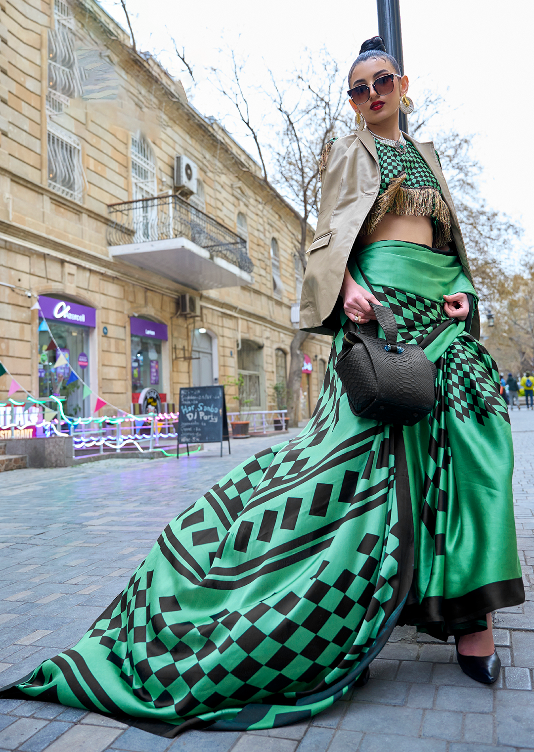 Jade Green Woven Digital Printed Pure Satin Crepe Silk Saree