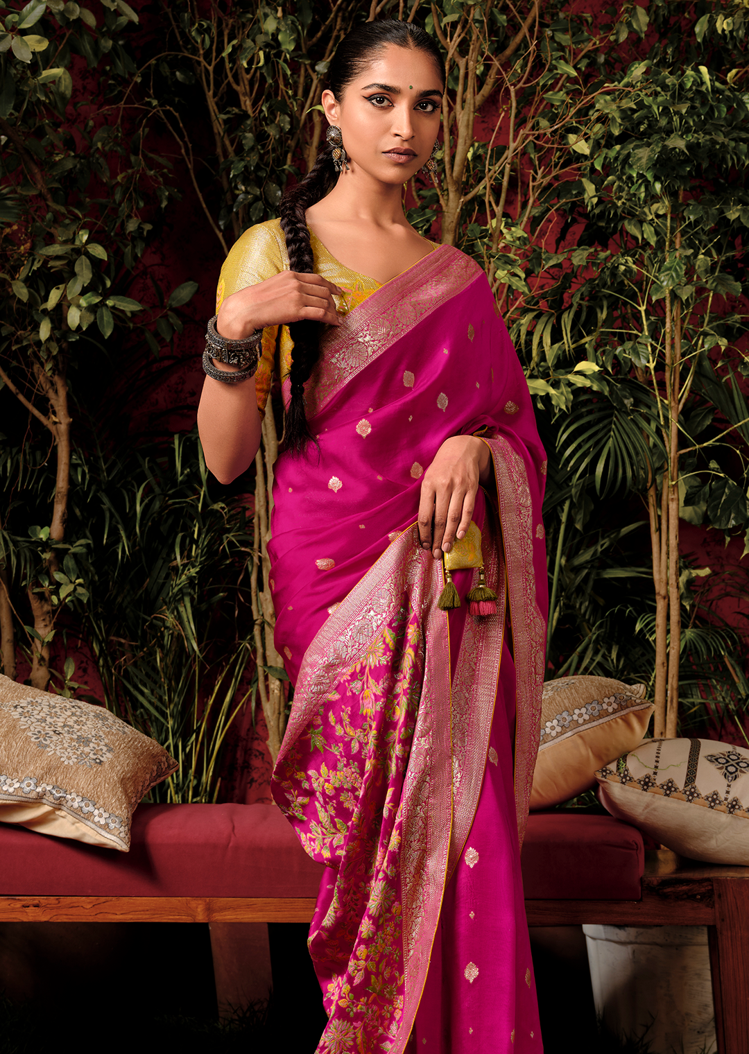 Magenta Pink Woven Pure Viscose Dola Silk Banarasi Saree