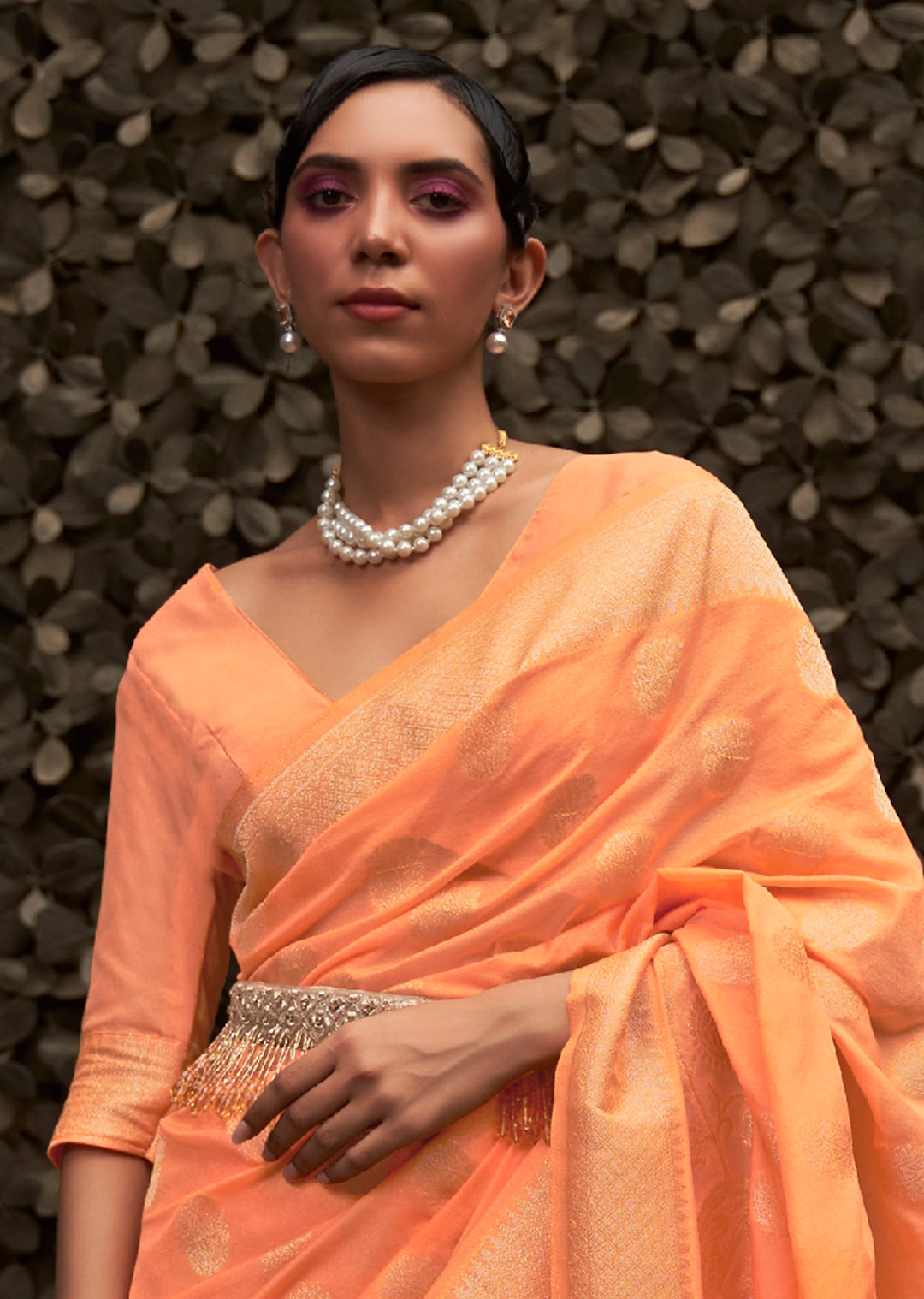 Coral Orange Woven Two Tone Chinon Chiffon Silk Saree