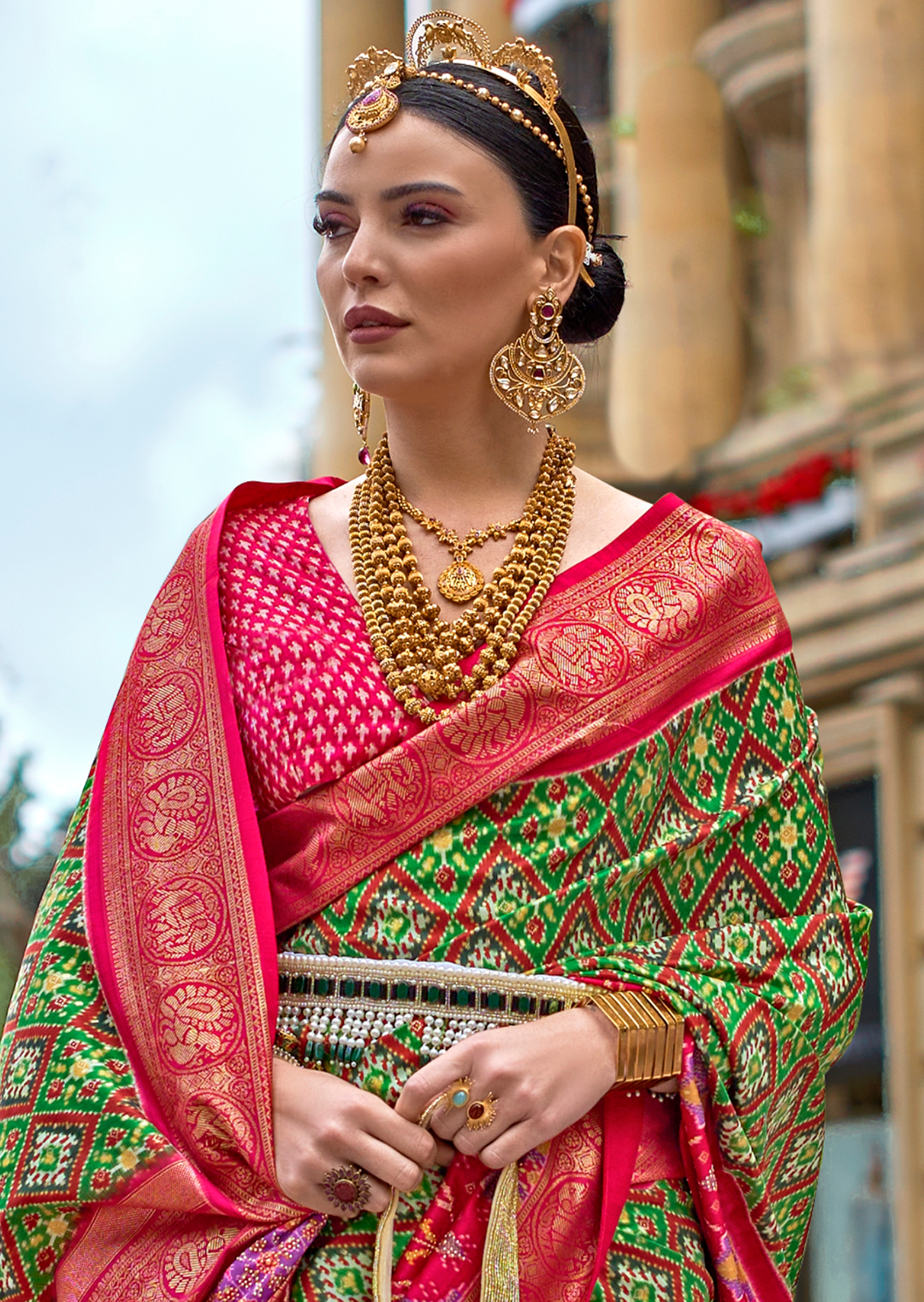 Green & Red	Woven Royal Traditional Patola Silk Saree