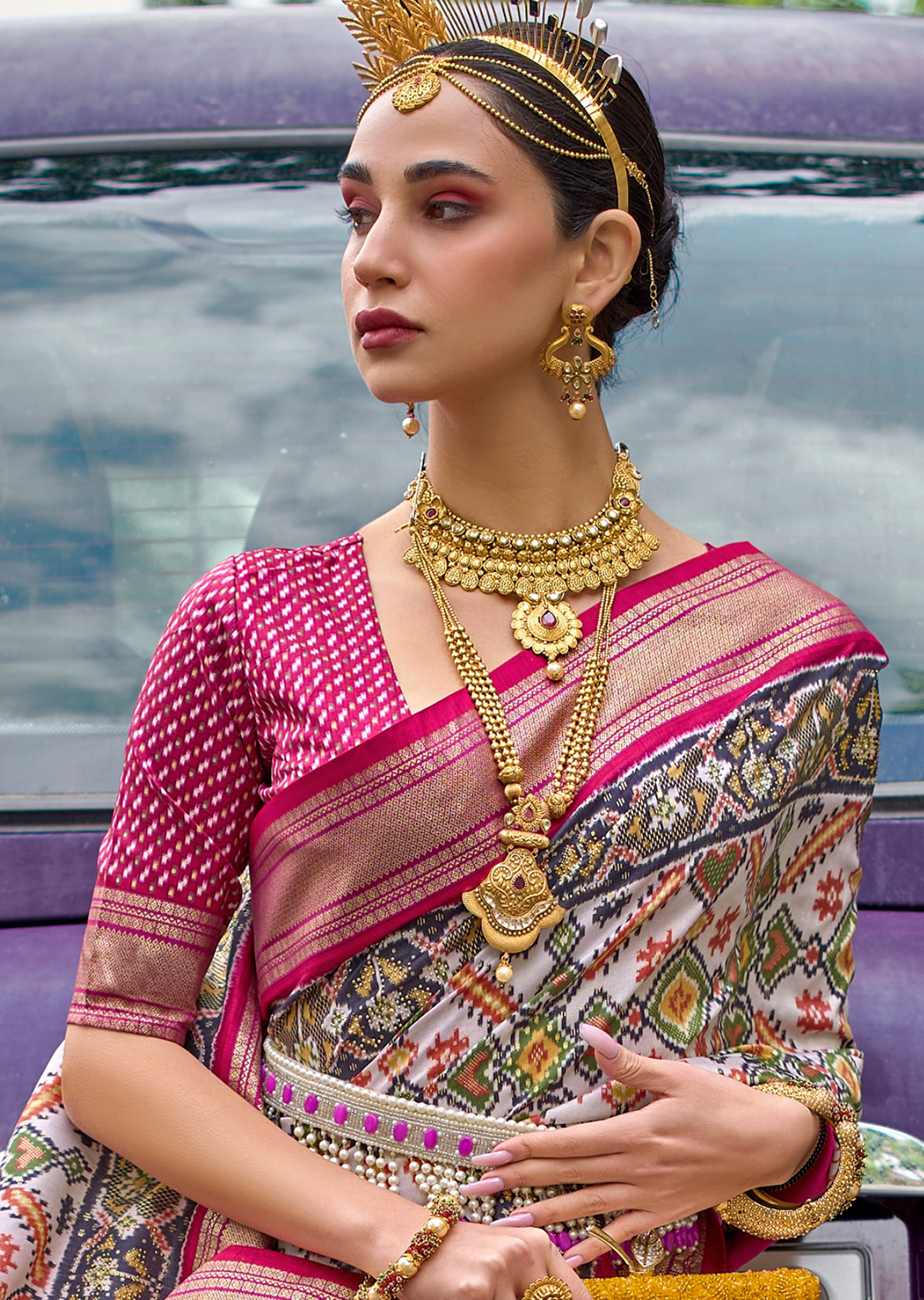 White & Pink Woven Royal Traditional Patola Silk Saree