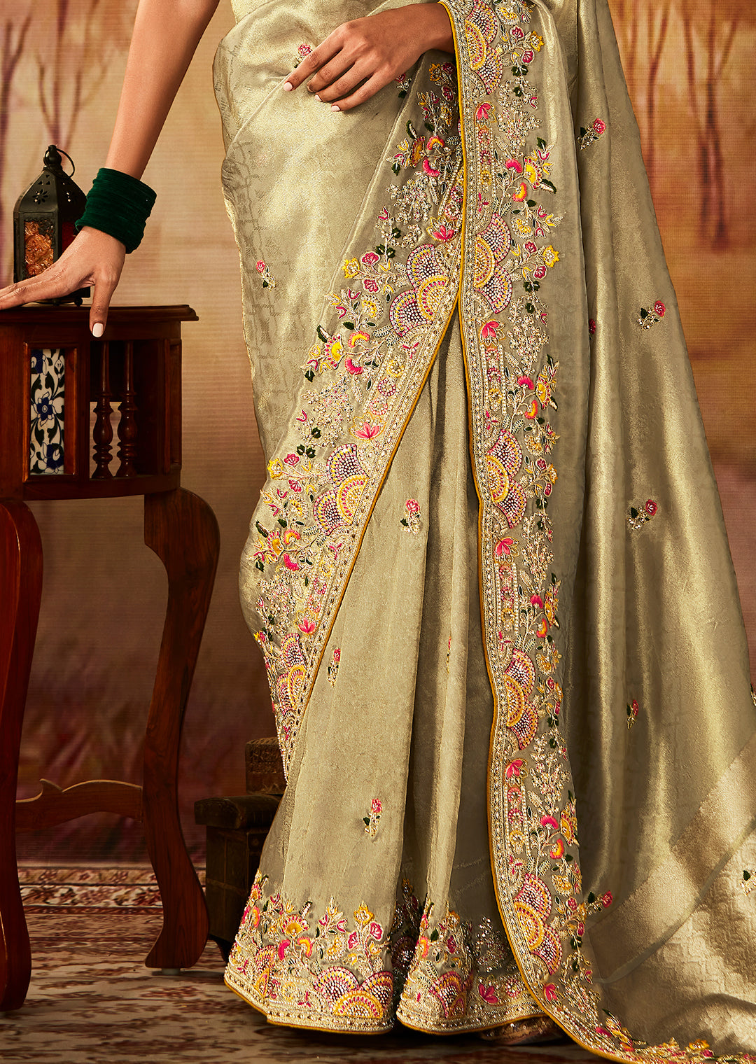 Light Tea Green Zari Woven Heavy Embroidered Designer Kanjivaram Silk Saree