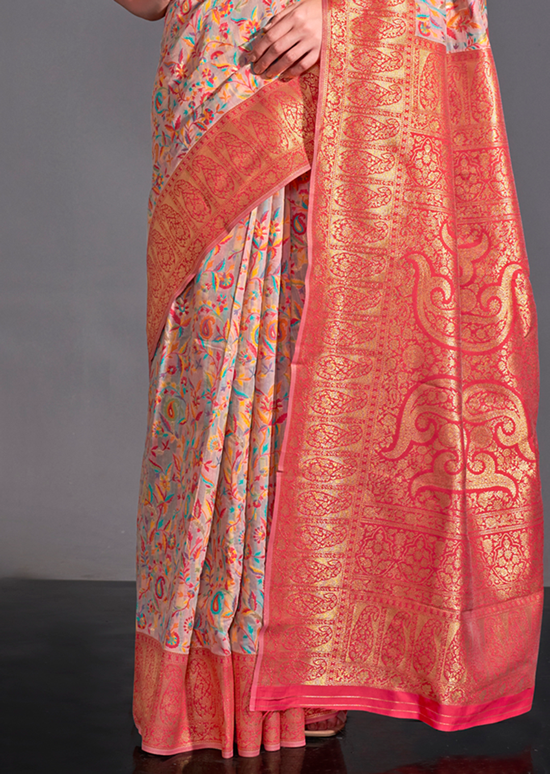 Peach Resham Woven Kashmiri Jamewar Silk Saree