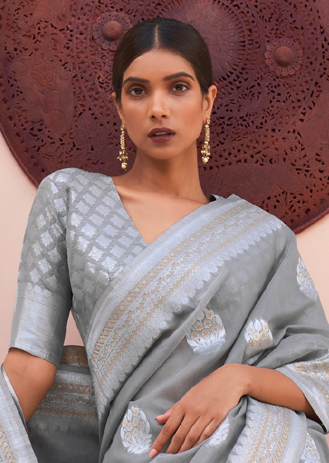 CLOUD GRAY WOVEN PURE HANDLOOM LINEN SAREE