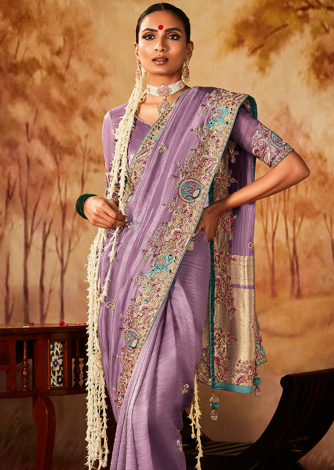 Lilac Purple Zari Woven Heavy Embroidered Designer Kanjivaram Silk Saree