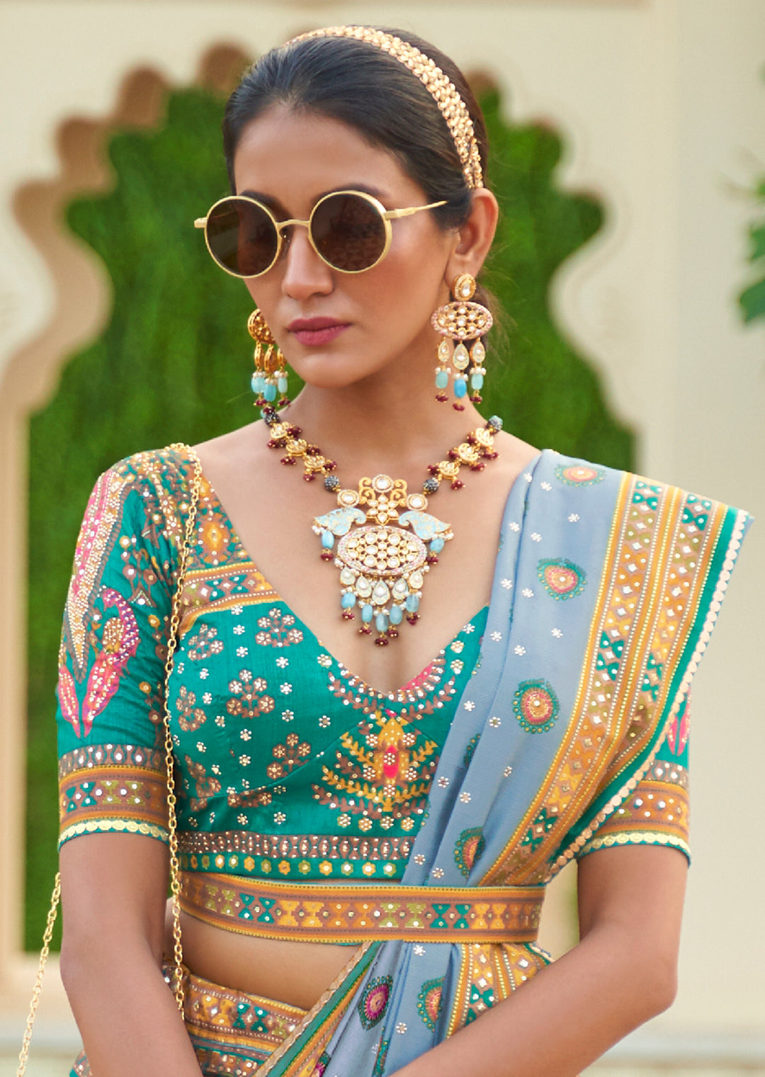 Turquoise Green Woven Traditional Rajwadi Patola Silk Lehenga