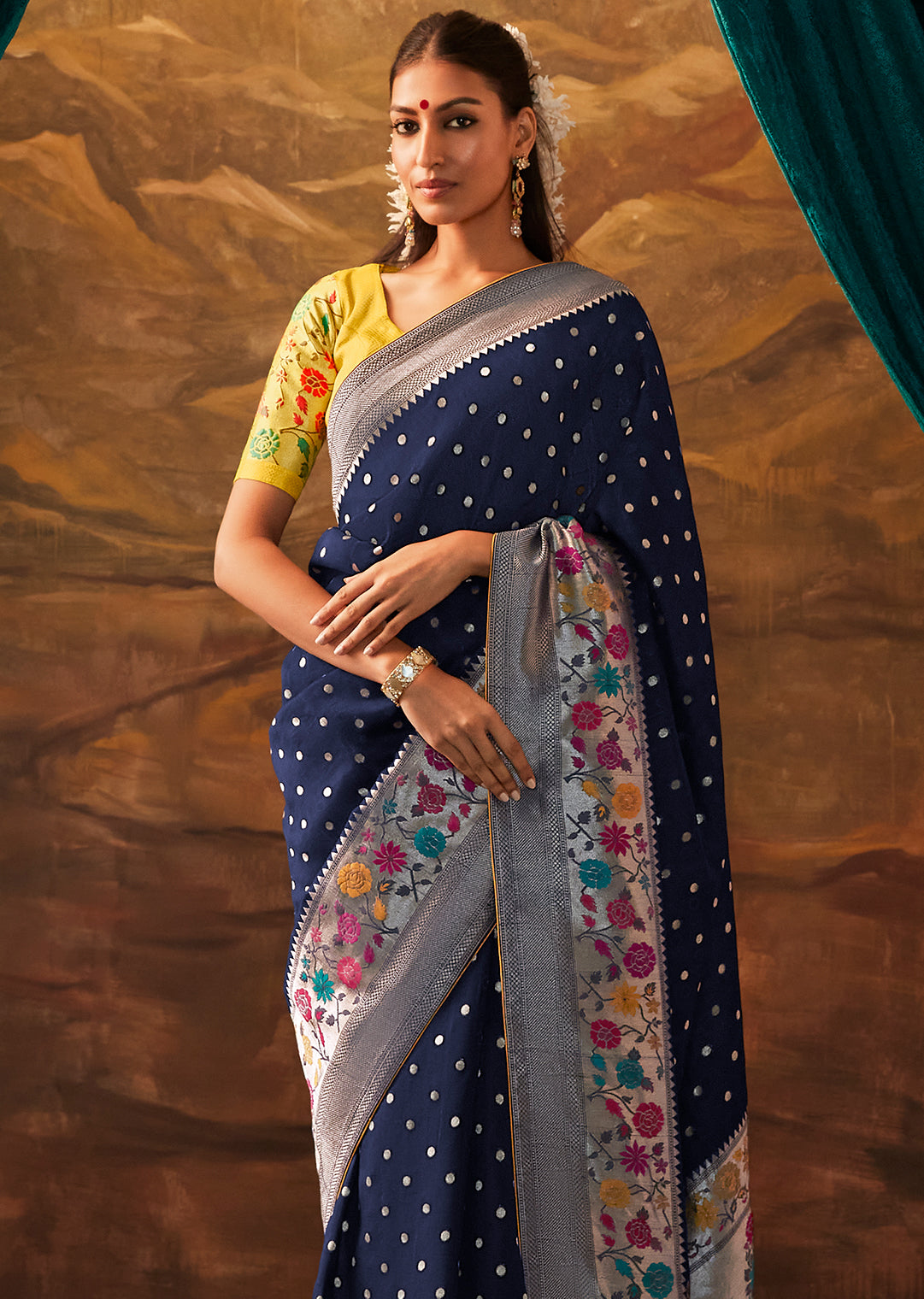 Navy Blue Zari & Resham Woven Designer Banarasi Silk Saree