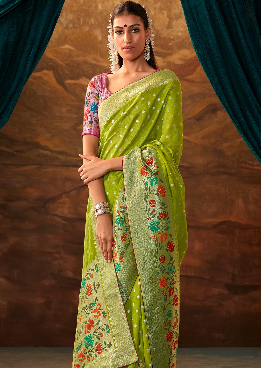 Parrot Green Zari & Resham Woven Designer Banarasi Silk Saree