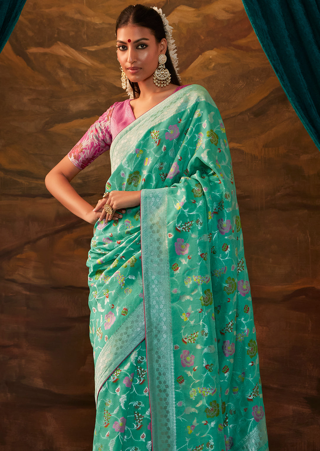 Turquoise Green Zari & Resham Woven Designer Banarasi Silk Saree