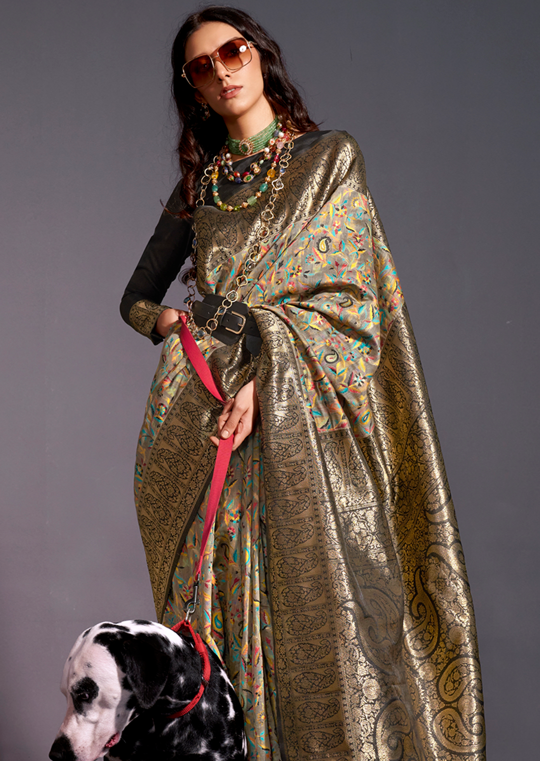 Grey Resham Woven Kashmiri Jamewar Silk Saree