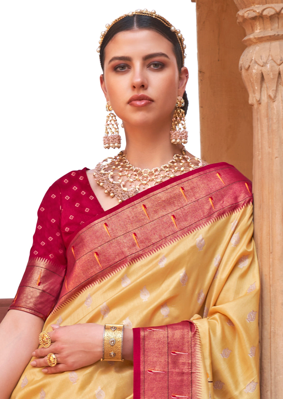 Lemon Yellow & Red Woven Paithani Silk Saree