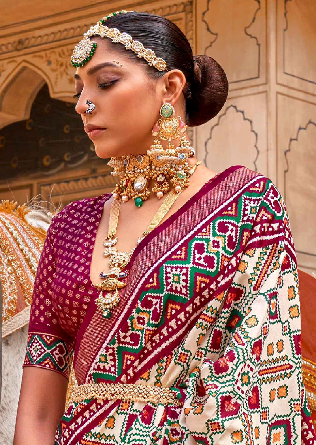 Maroon Red & White Woven Patola Silk Saree