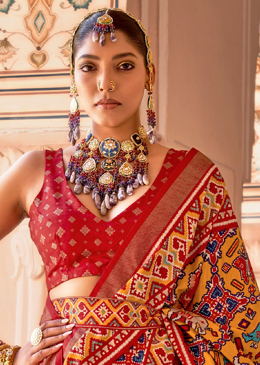 Mustard Yellow & Red Woven Patola Silk Saree