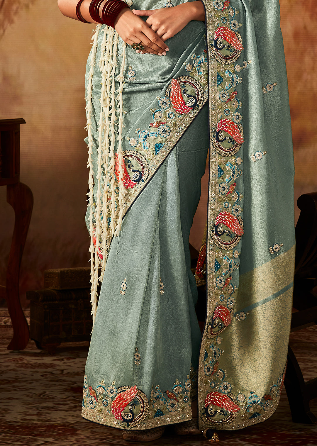 Powder Blue	Zari Woven Heavy Embroidered Designer Kanjivaram Silk Saree