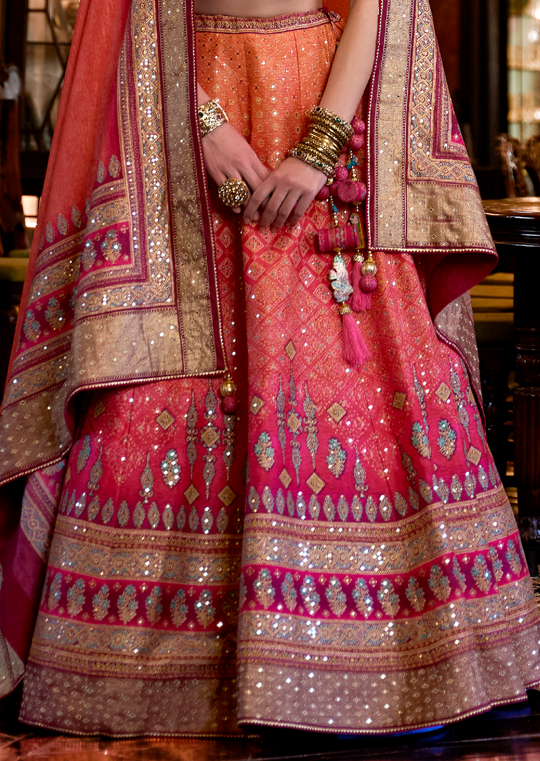 Pink & Orange Woven Traditional Rajwadi Patola Silk Lehenga