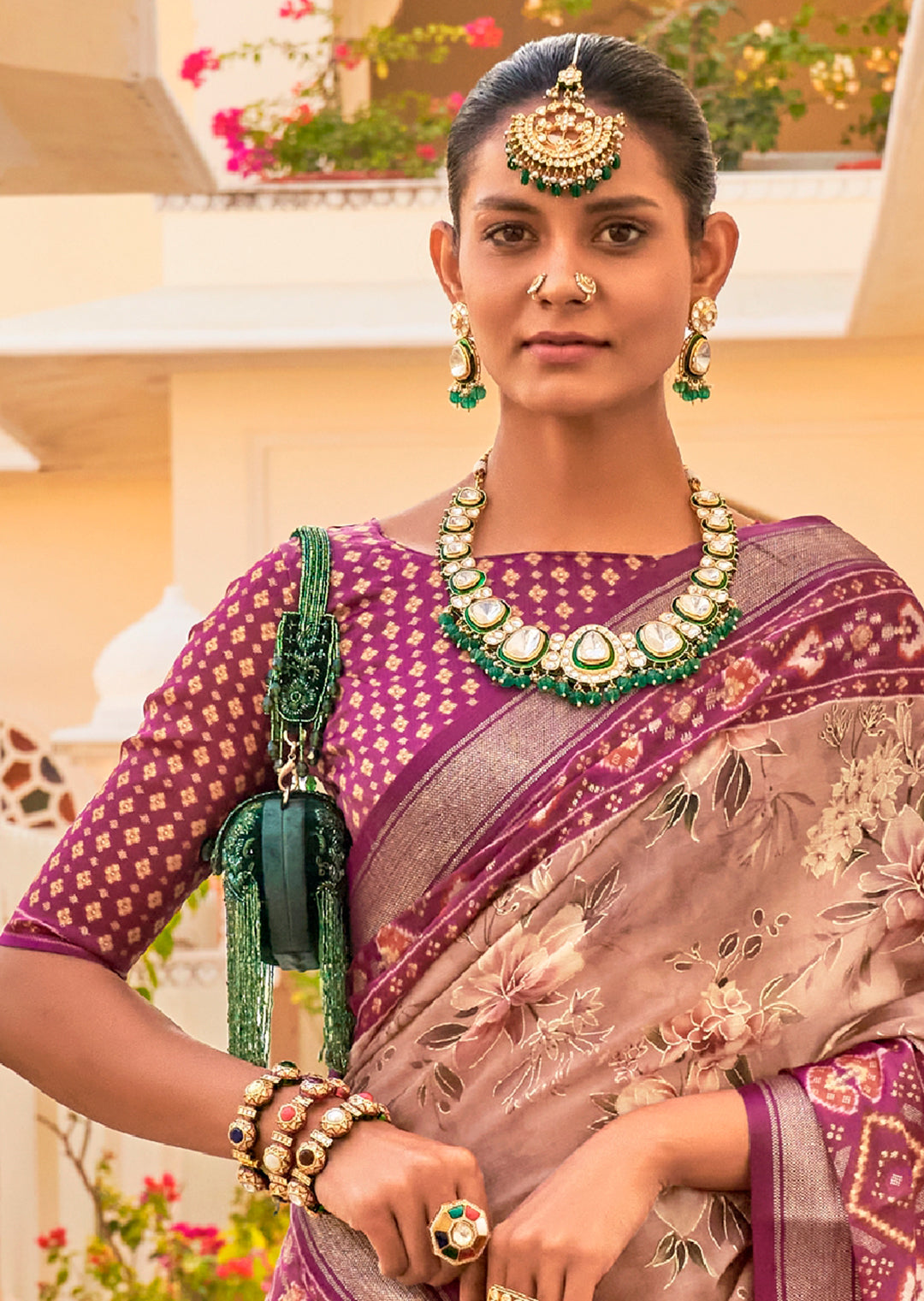 Seashell White & Purple Woven Chiffon Patola Saree