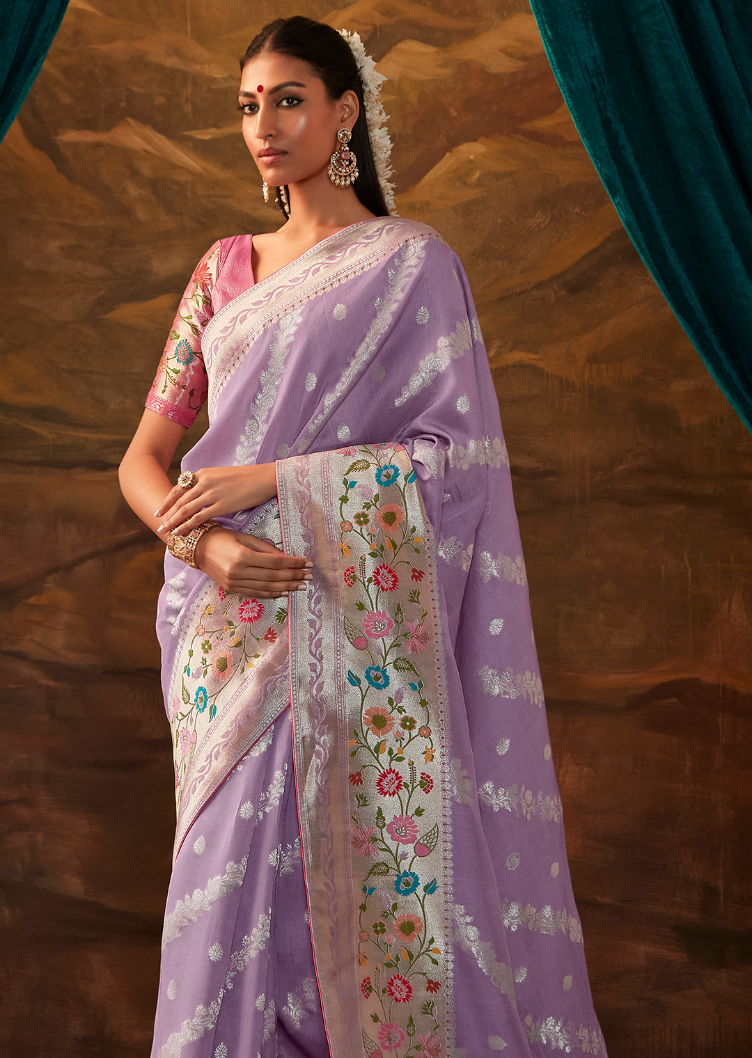 Periwinkle Purple Zari & Resham Woven Designer Banarasi Silk Saree