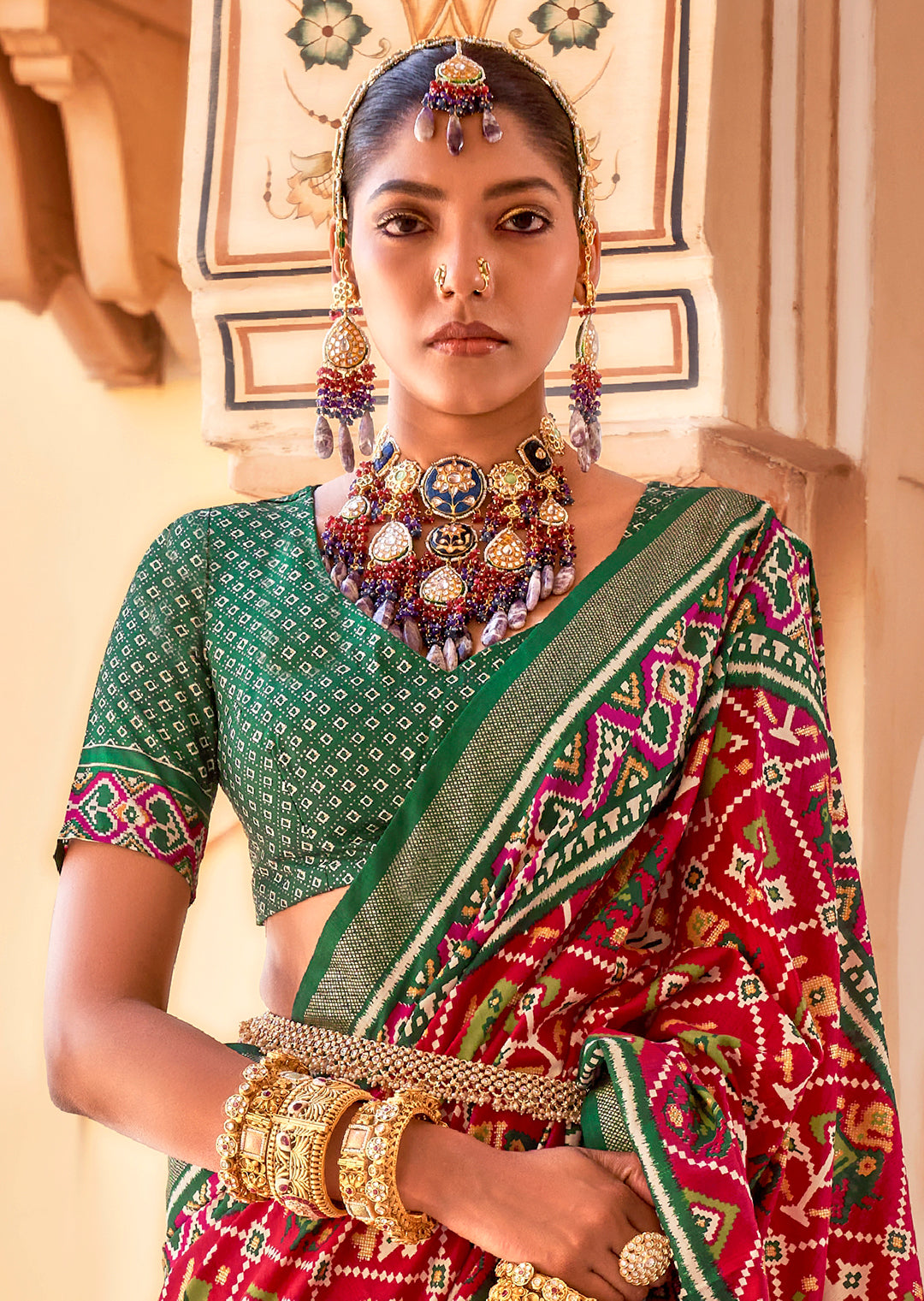 Red & Green Woven Patola Silk Saree