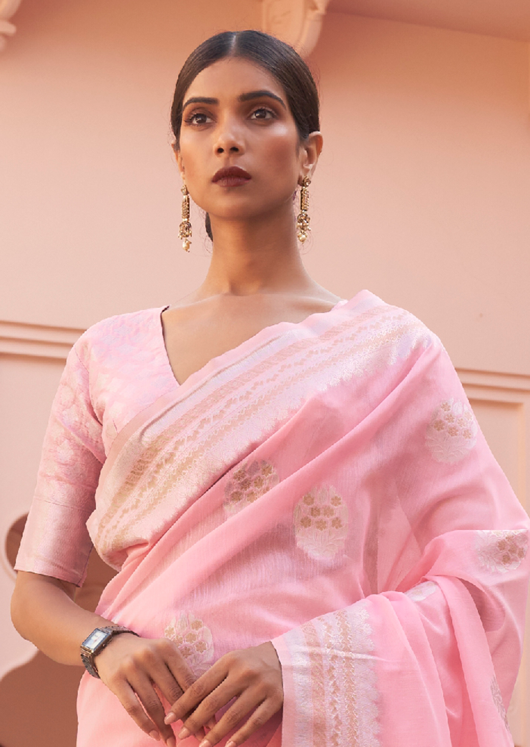 POWDER PINK WOVEN PURE HANDLOOM LINEN SAREE