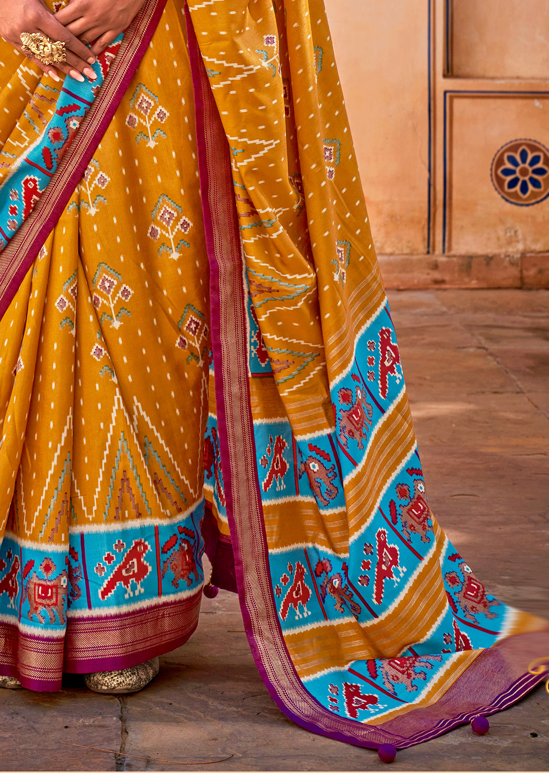 Mustard Yellow & Purple Woven Patola Silk Saree