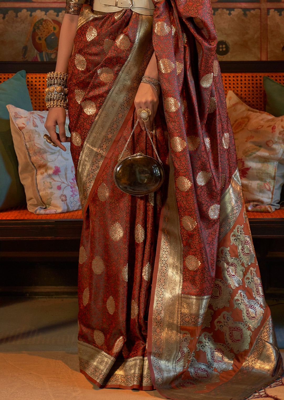 Brown Zari Woven Handloom Pure Banarasi Satin Silk Saree