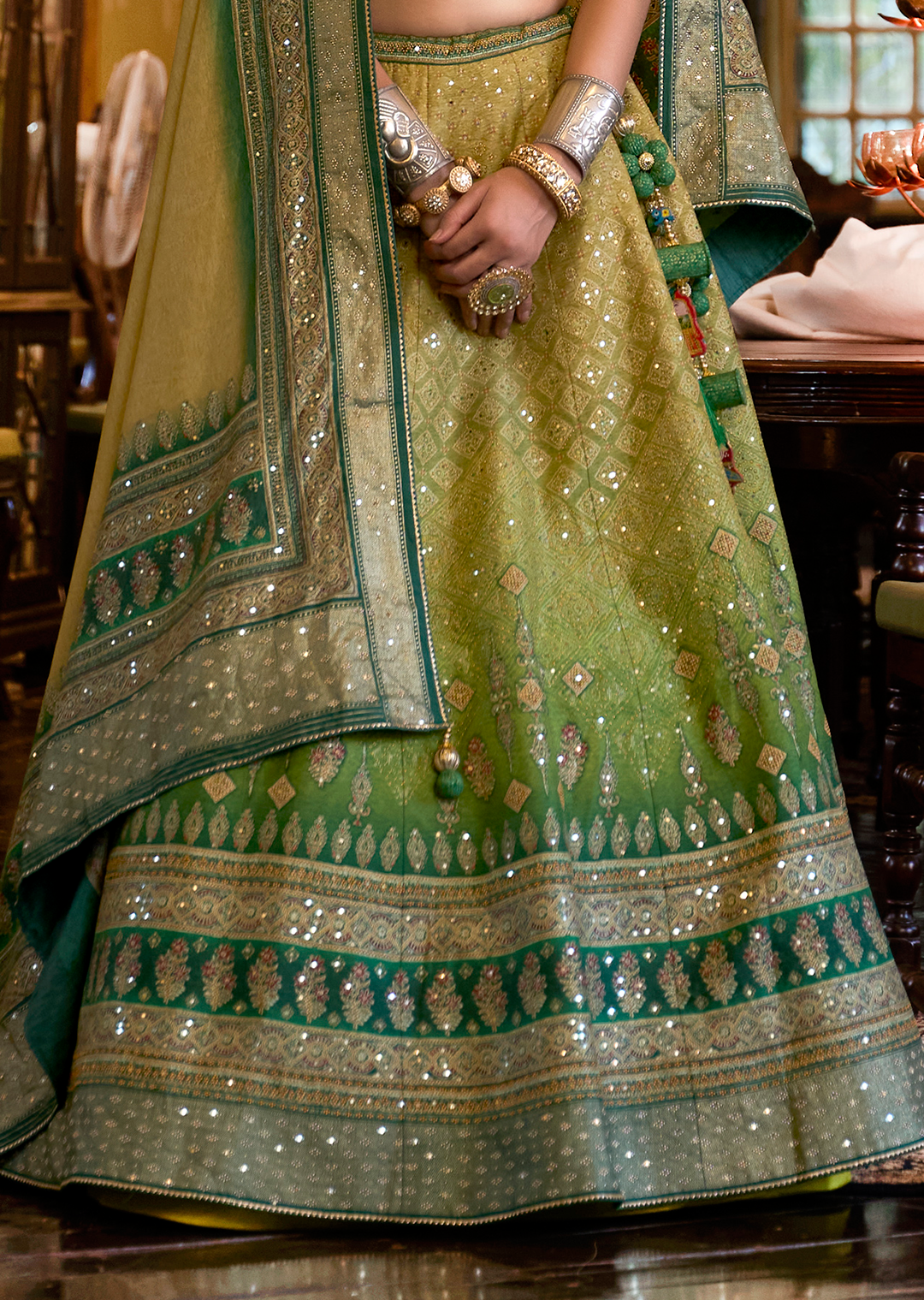 Jade Green Woven Traditional Rajwadi Patola Silk Lehenga