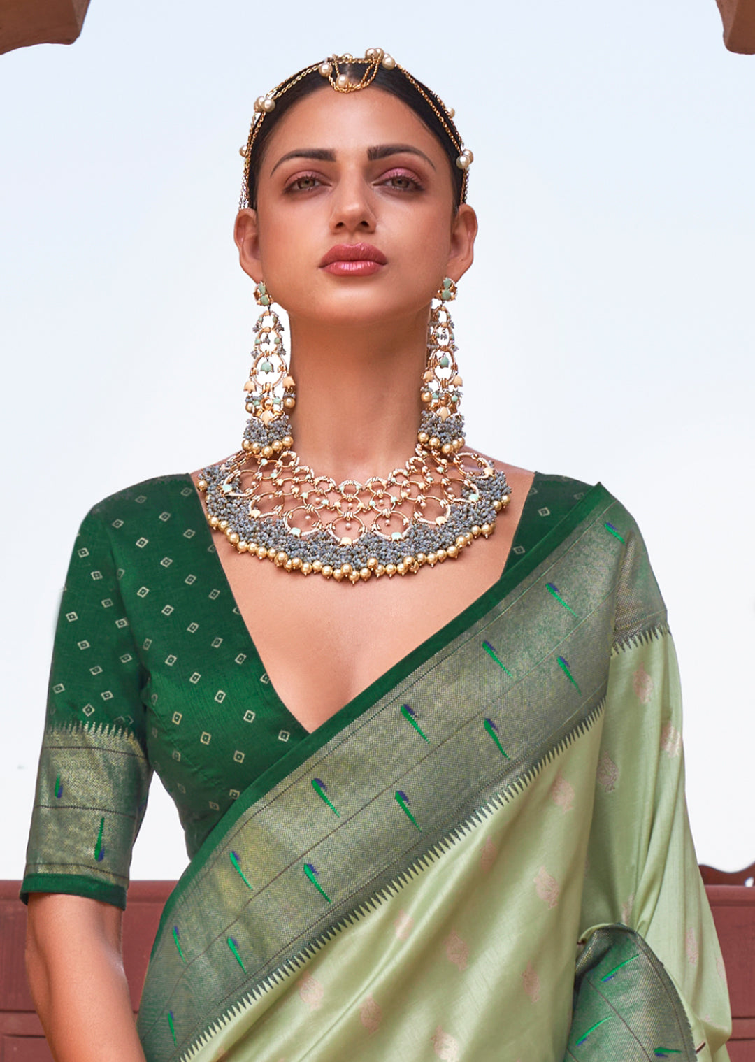 Mint Green Woven Paithani Silk Saree