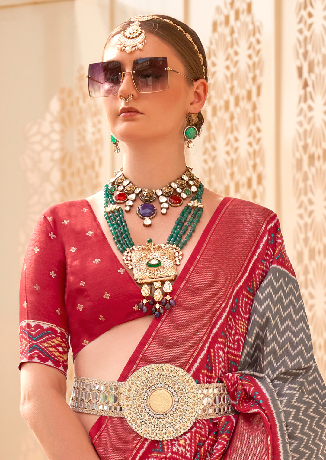 Grey & Red Woven Patola Silk Saree