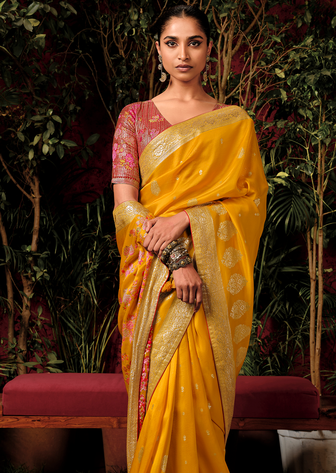 Golden Yellow Woven Pure Viscose Dola Silk Banarasi Saree