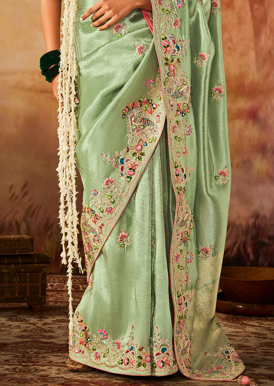 Pistachio Green Zari Woven Heavy Embroidered Designer Kanjivaram Silk Saree