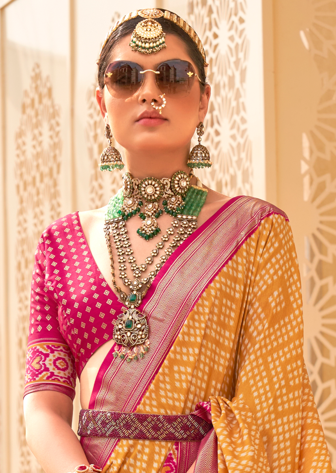 Mustard Yellow & Red	Woven Patola Silk Saree